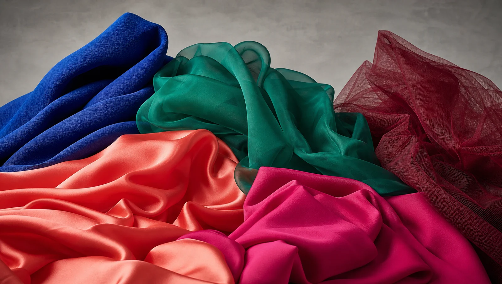 Texturi de rochie în cobalt, verde, corai, fuchsia și burgundy
