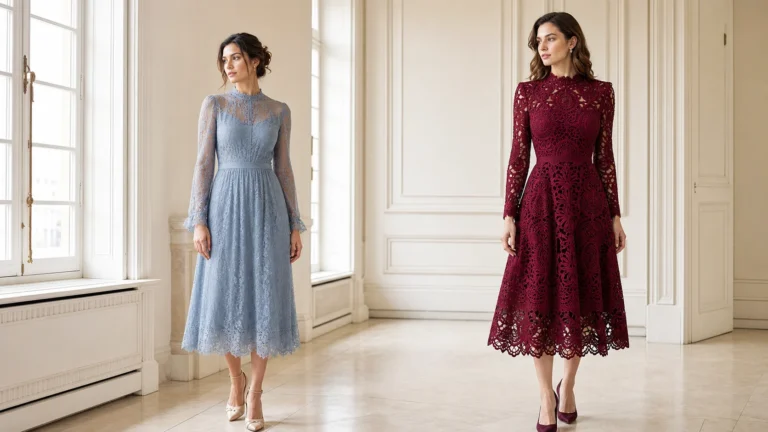 Două femei în rochii midi din dantelă fină bleu și dantelă grafică burgundy