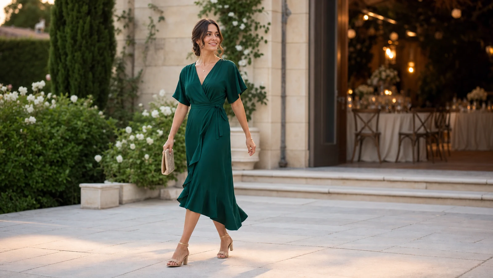 Rochie midi verde, fluidă și comodă, purtată la un eveniment