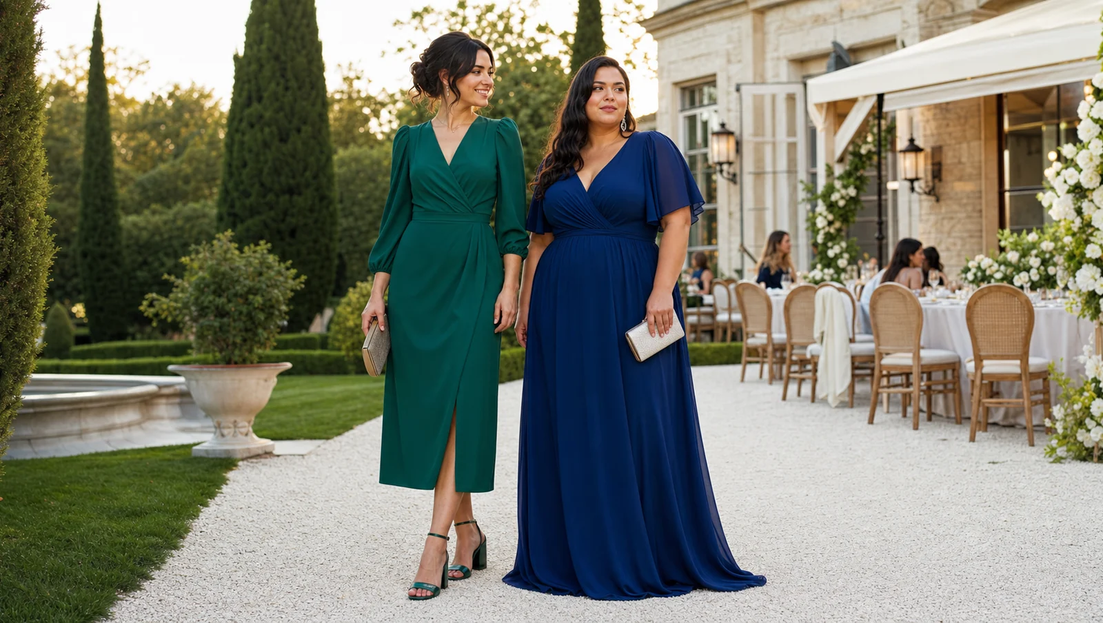 Două invitate purtând rochii verde midi și albastră maxi la o nuntă în grădină