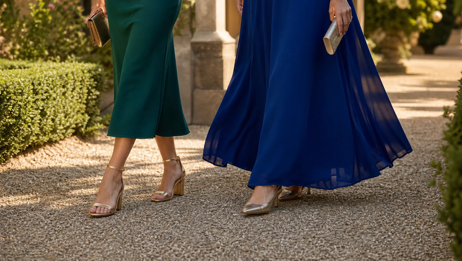 Două invitate la nuntă purtând o rochie midi și o rochie maxi