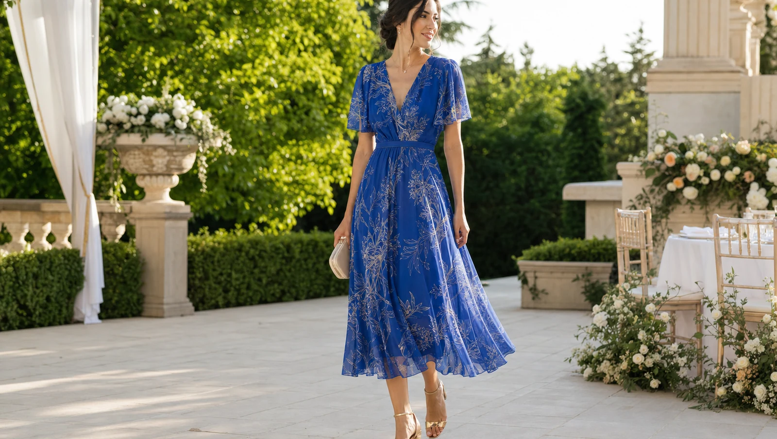 Invitată purtând o rochie midi albastră cu imprimeu floral la o nuntă de vară în grădină