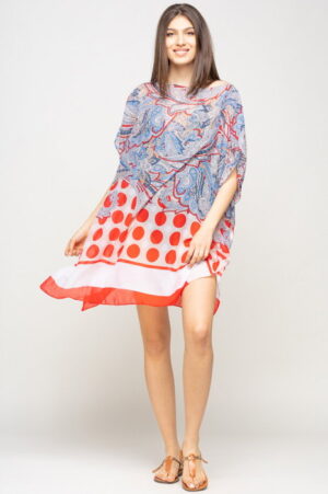 Rochie de plaja tip poncho cu motive florale si buline rosii