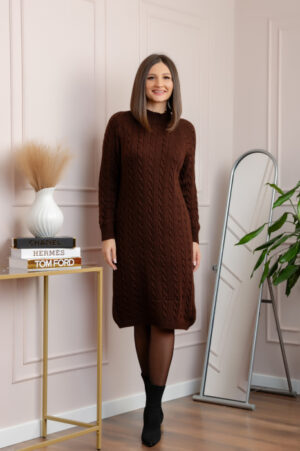 Pulover tricotat tip rochie Rachel cu maneci raglan - Maro