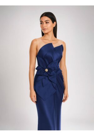 Rochie maxi -  cu aspect satinat - culoare Bleumarin - material sintetic - de ocazie - Bleumarin