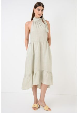 Rochie din in cu decolteu halter - Verde pastel