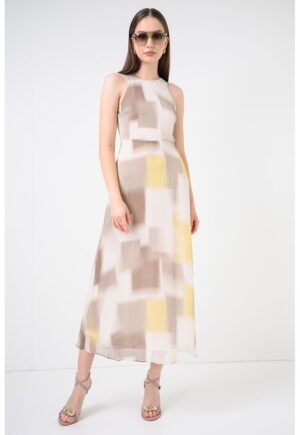 Rochie midi fara maneci cu model - Maro/Galben/Bej