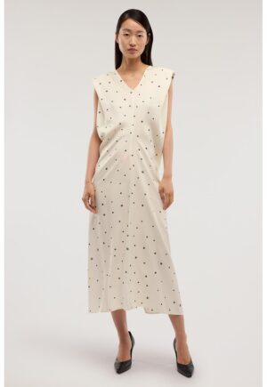 Rochie cu decolteu in V si buline - Gri carbon/Bej sampanie