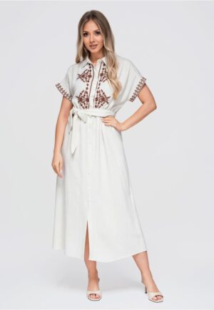 Rochie midi dama cu guler - maneci scurte - material cu viscoza si len OW-DLR-E0012 - beige/coffee - M/L
