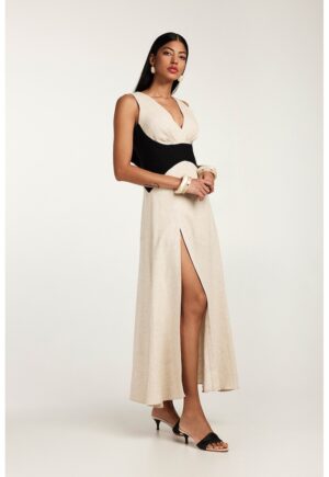 Rochie din amestec de in cu slit lateral Marrakesh - Negru/Bej