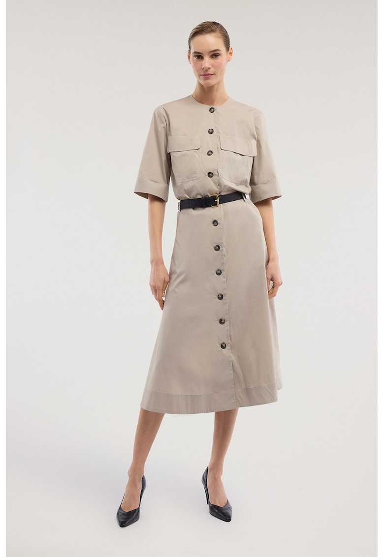 Rochie midi evazata cu nasturi si o curea in talie - Maro taupe deschis