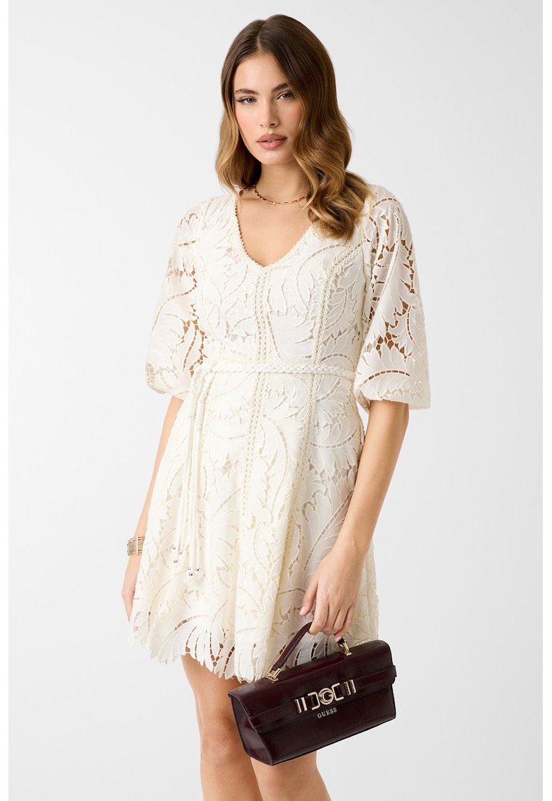 Rochie mini cu broderie si cordon in talie - Alb fildes