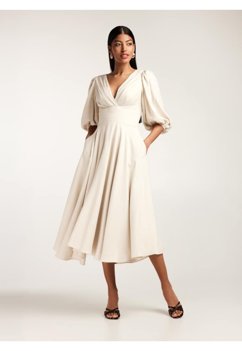 Rochie midi din in cu drapaje si maneci bufante Swan
