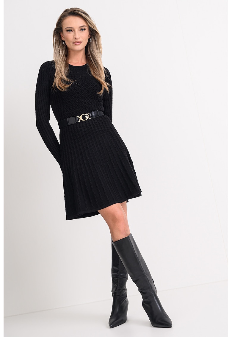 Rochie evazata tricotata cu o curea in talie - Negru