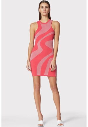 Rochie mini - fara maneci din jacquard dublu tricotat - cu imprimeu abstract - Coral