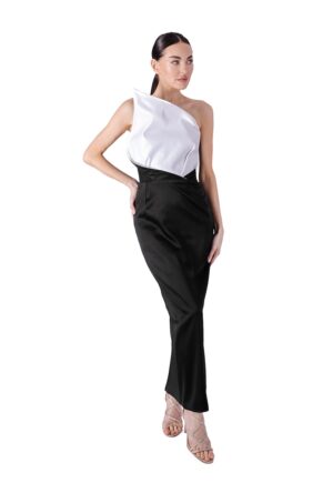 Rochie de satin cu decolteu pe un umar - Alb/Negru