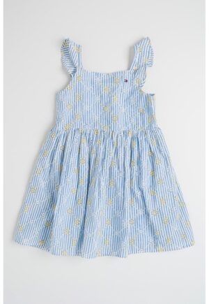 Rochie cu dungi si broderie - Alb/Albastru lavanda/Galben pal