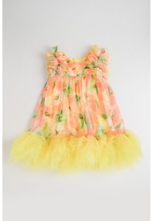 Rochie cu model floral si cordon in talie - Galben/Portocaliu pepene