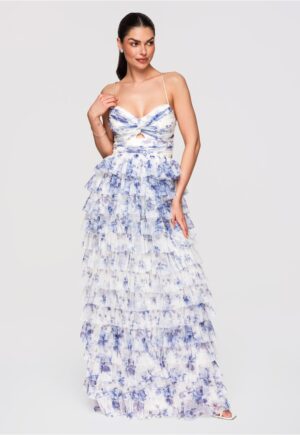 Rochie Maxi de Seara - Tulle Stratificat - Croiala Evazata cu Spatele Gol - Albastru