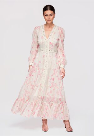 Rochie de cocktail maxi  LA-OM-DLR298 - Roz/Crem