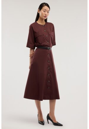 Rochie midi evazata cu nasturi si o curea in talie - Maro cognac
