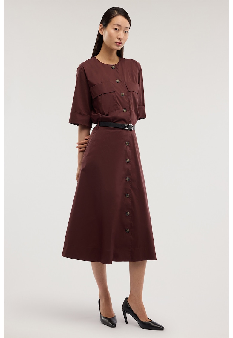 Rochie midi evazata cu nasturi si o curea in talie - Maro cognac
