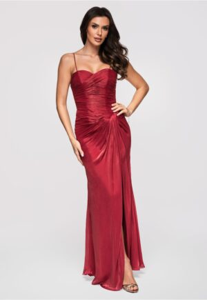 Rochie maxi cu decolteu in forma de inima si material satinat - Visiniu
