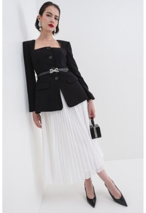 Rochie midi cu model 2in1 si curea - Negru/Alb murdar