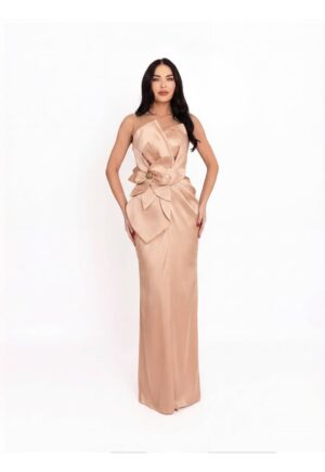 Rochie maxi -  cu aspect satinat - culoare Nude - material sintetic - de ocazie - Nude
