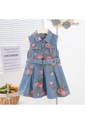 Rochie Blugi Fetițe Denim cu Imprimeu Roz și Curea Livia