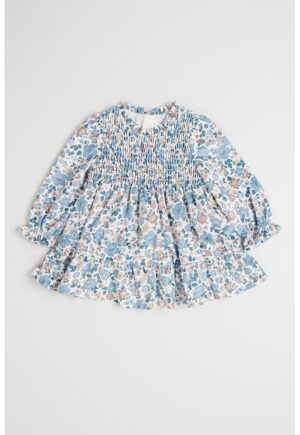 Rochie evazata cu model floral - Alb/Albastru prafuit/Maro deschis