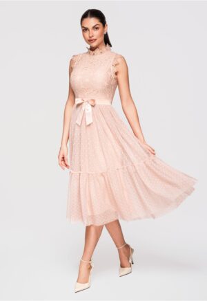 Rochie Midi Eleganta cu Dantela Florala si Croi Cloche pentru Evenimente Speciale - Nude