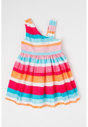 Rochie de bumbac cu model in dungi - Portocaliu/Turcoaz/Roz