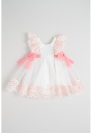 Rochie din tul cu detalii din dantela - Alb/Roz pastel