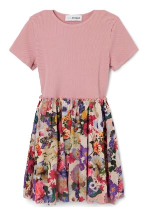 Rochie evazata cu imprimeu floral - Roz prafuit