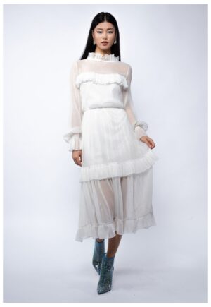 Rochie midi din voal de matase peliculizata cu volane delicate