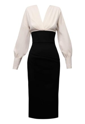 Rochie midi cu drapaje pe bust Lunaria - Negru/Bej deschis