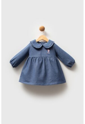 Rochie din amestec de bumbac cu guler Peter Pan - Albastru prafuit