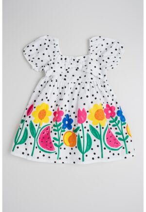 Rochie evazata cu modele diverse - Alb/Verde/Roz