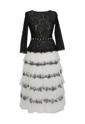 Rochie midi stratificata cu insertii de dantela Marie - Alb/Negru