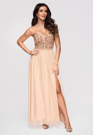 Rochie maxi eleganta de seara cu guler tip corset si aplicatii LA-OM-DLR339 - Auriu -