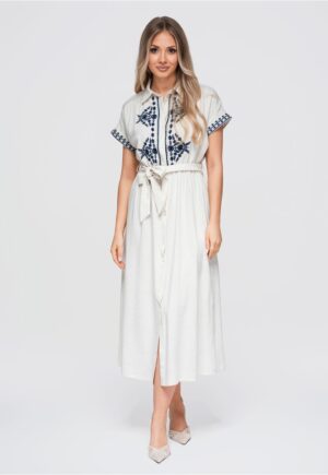 Rochie midi dama cu guler - maneci scurte - material cu viscoza si len OW-DLR-E0012 - beige/navy - M/L