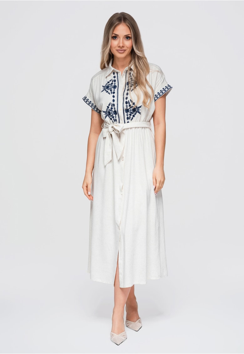Rochie midi dama cu guler - maneci scurte - material cu viscoza si len OW-DLR-E0012 - beige/navy - M/L