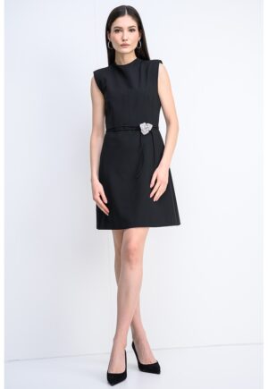 Rochie scurta cu croiala in A si cordon cu decoratiuni Kelendi - Negru