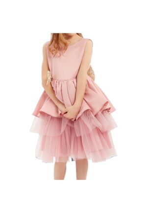 Rochie Eleganta de Fetiță Roz Pudră cu Fundă și Tulle – Ideală pentru Evenimente Speciale: Nuntă - Comunione - Bal sau Aniversare