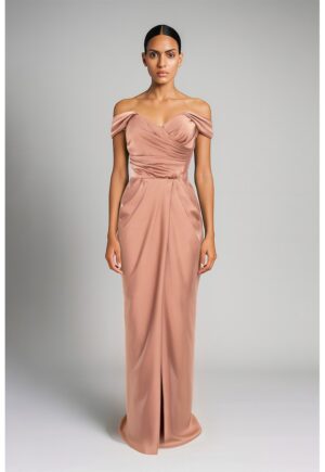 Rochie maxi drapata cu decolteu pe umeri - Bej