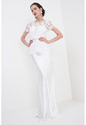 Rochie lunga cu model 2in1 si dantela florala - Alb optic/Transparent