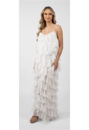 Rochie maxi Lucky cu volane din amestec de matase