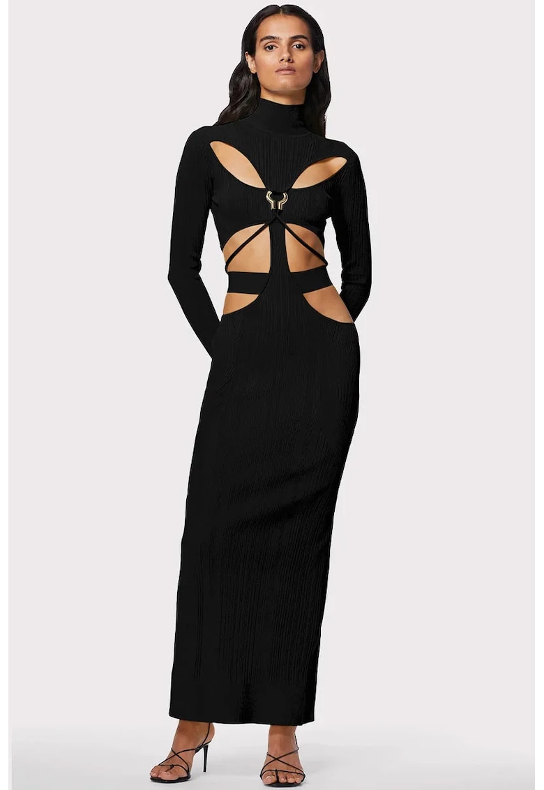 Rochie lunga cu guler inalt si cu decupaje - Negru