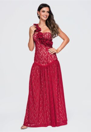 Rochie maxi eleganta cu decolteu sweetheart si aplicatii florale LA-OM-DLR429 - Visiniu